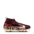 Youth burgundy soccer cleat with mid-cut collar, leopard print, and red/white studs.
