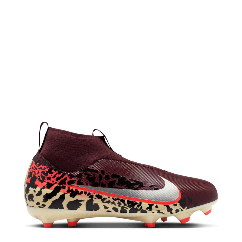 Youth burgundy soccer cleat with mid-cut collar, leopard print, and red/white studs.