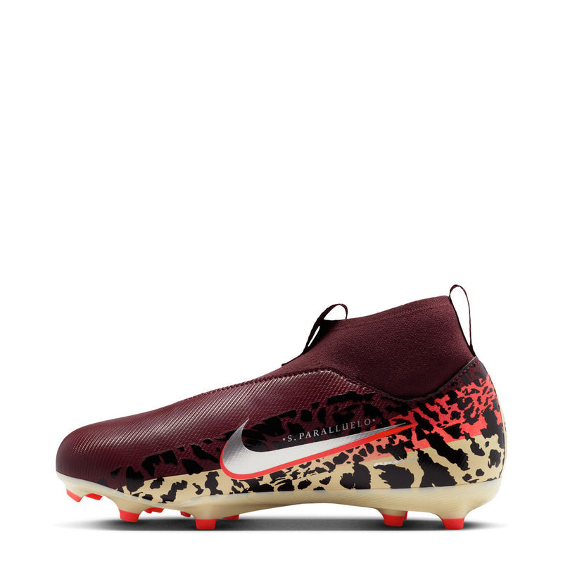 Youth burgundy FG/MG soccer cleat with Nike swoosh and leopard-pattern side panel.