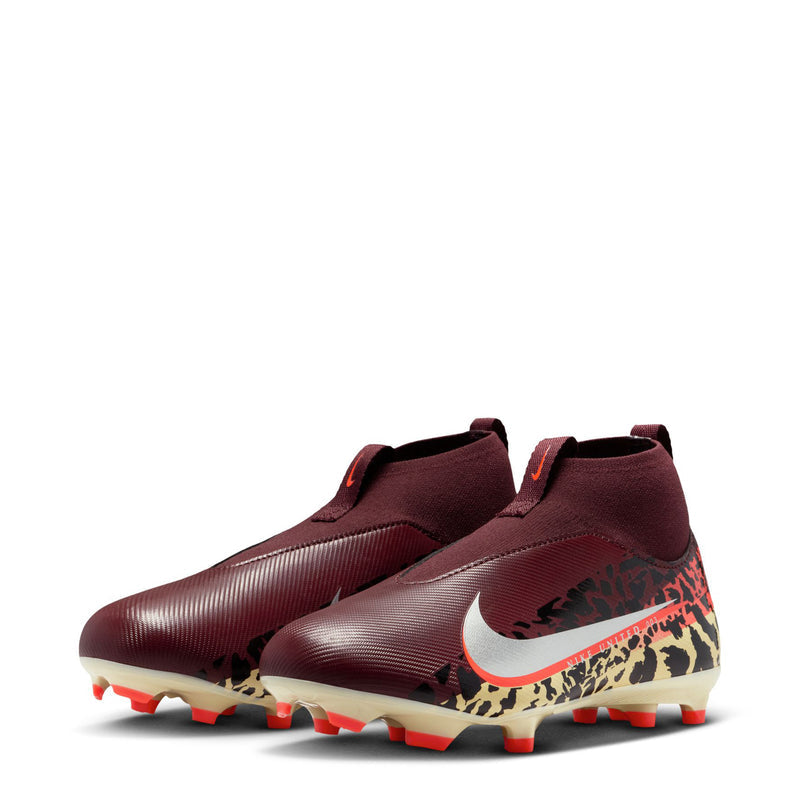 Youth burgundy soccer cleat pair view from side, showing leopard print and studs.
