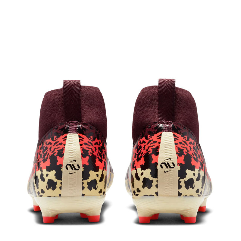 Youth burgundy soccer cleat rear view with leopard back panel and red outsole studs.