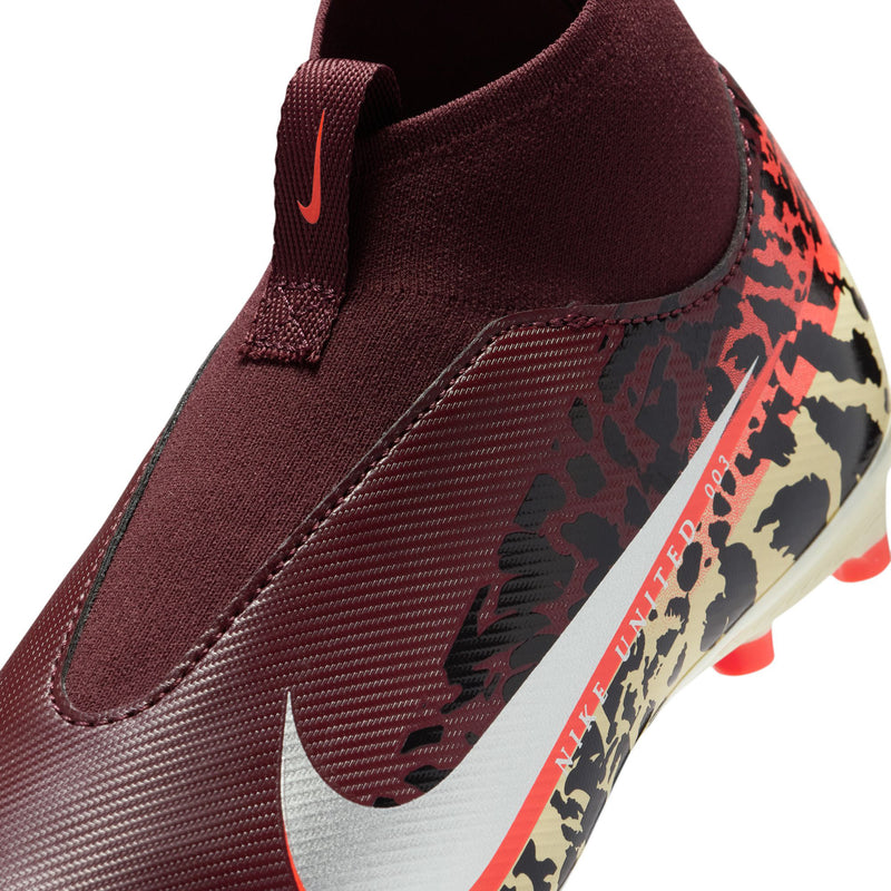 Close-up youth burgundy cleat upper with ribbed texture, red swoosh, and leopard trim.