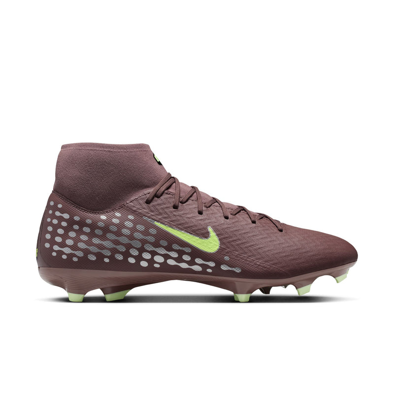 Men's plum soccer cleat with neon green Nike logo and studded outsole