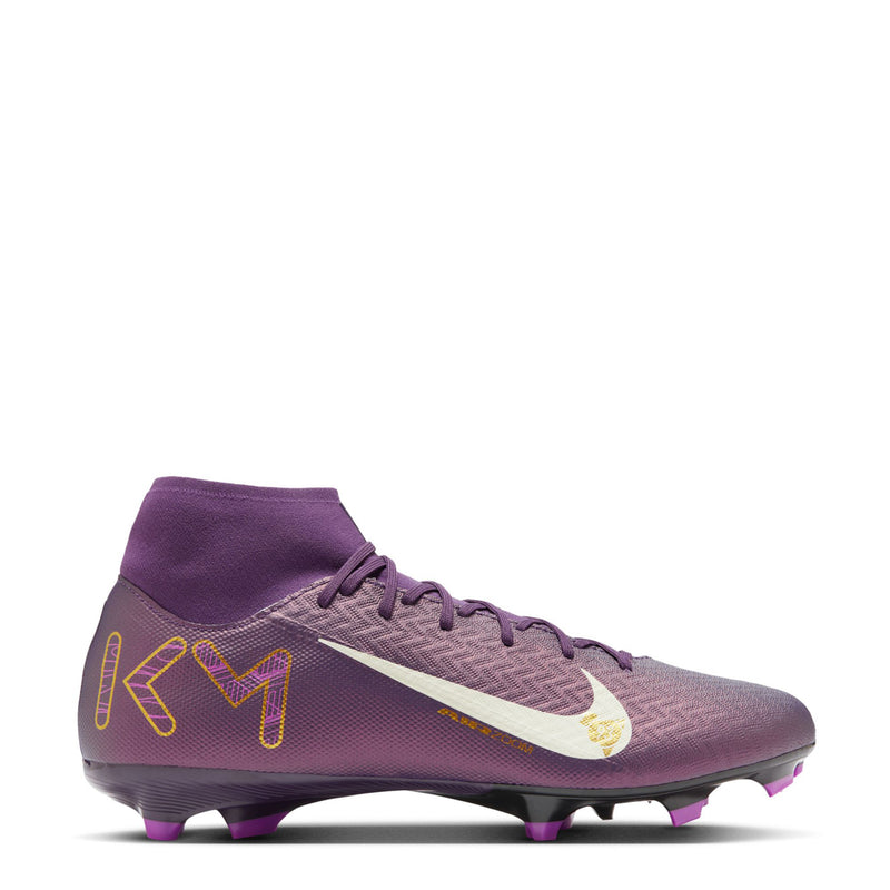 Men's purple soccer cleats with pale white swoosh and lace-up front, FG studs
