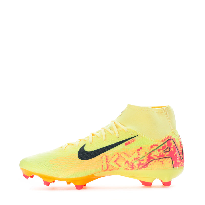 Men's yellow high-top soccer cleat with black swoosh and pink graphic upper
