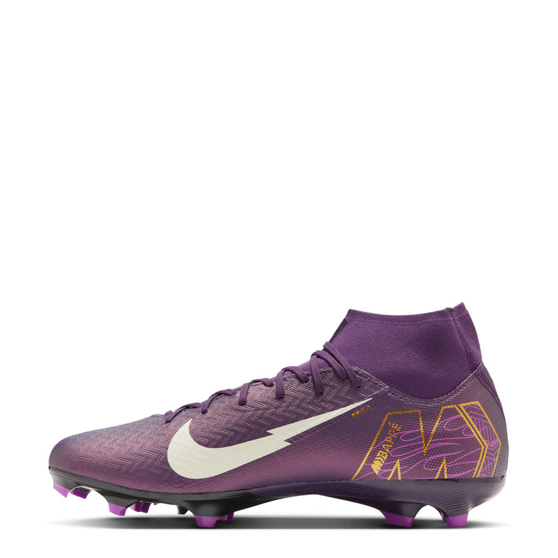 Men's high-top purple soccer cleats with white swoosh, yellow accents, FG/MG studs