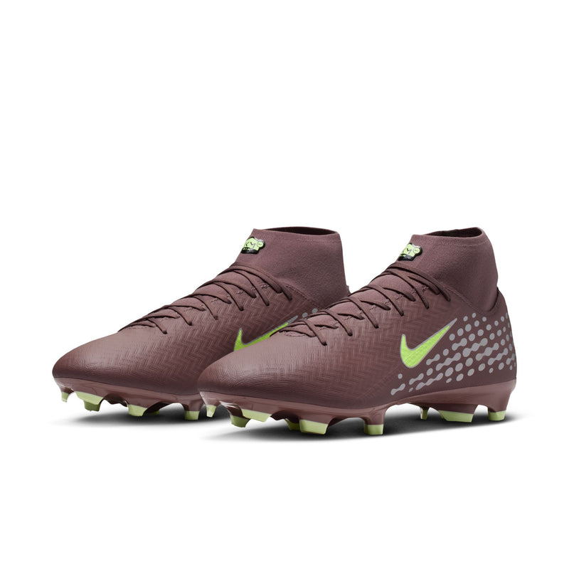 Men's plum high-top soccer cleat with neon green swoosh and studded sole