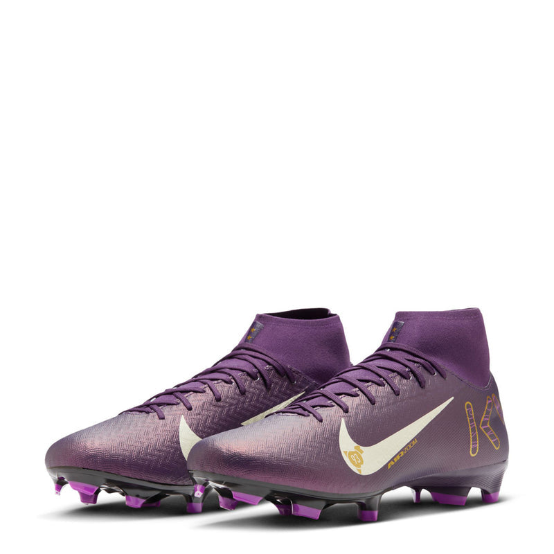 Pair of men's purple soccer cleats with white swoosh, lace-up front, molded studs