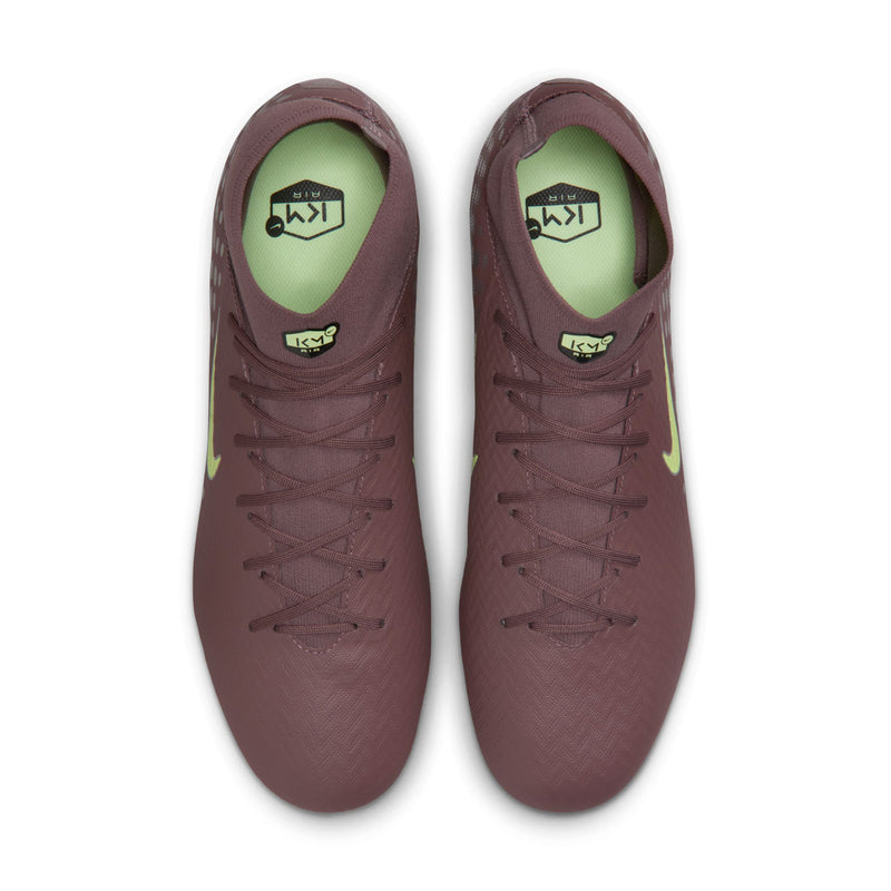 Pair of plum high-top soccer cleats showing neon green insoles and laces