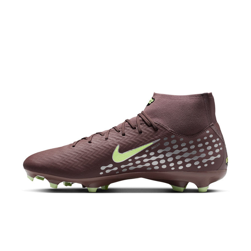 Men's plum mid-cut soccer cleat with neon green swoosh and dotted side