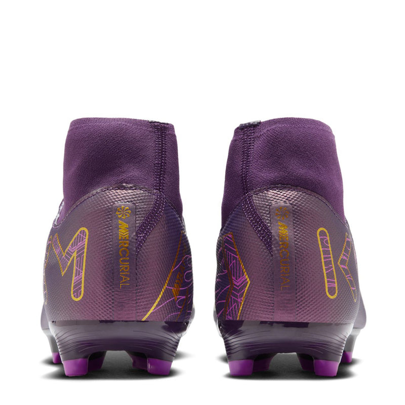 Men's purple soccer cleats heel view with yellow graphics and purple outsole studs