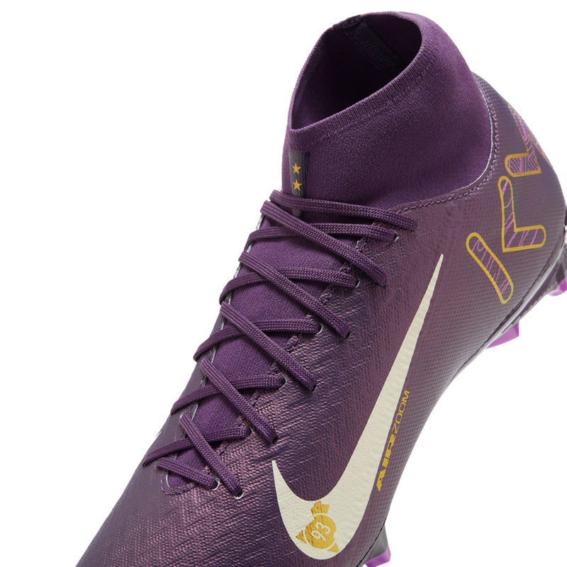 Men's purple lace-up soccer cleat with white swoosh and yellow side detailing