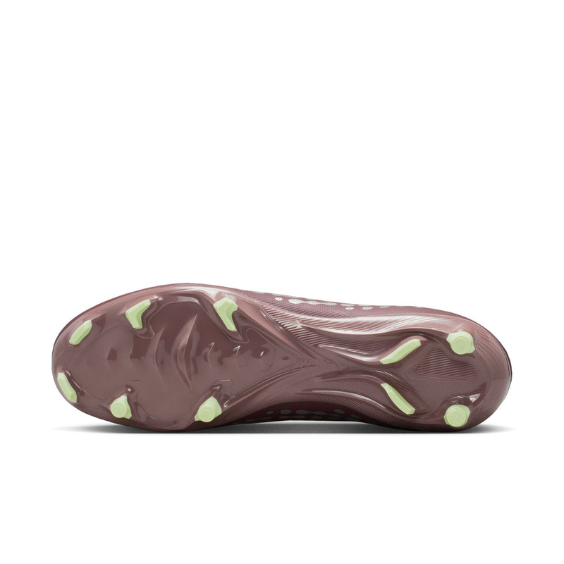 Plum soccer cleat outsole with neon green studs and grip pattern