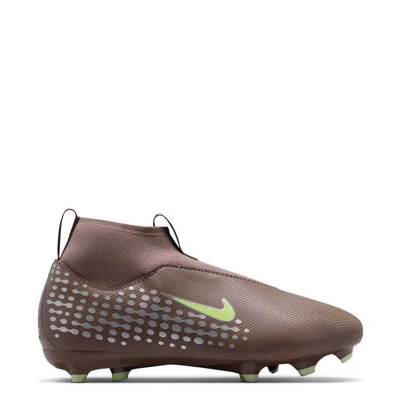 Youth soccer cleats, plum knit upper with green Nike swoosh and dotted stud outsole
