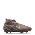 Youth soccer cleats, plum knit upper with green Nike swoosh and dotted stud outsole