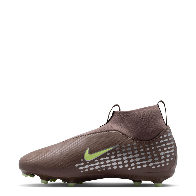 Youth soccer cleats with mid-high collar, plum upper and dotted pattern, green studs