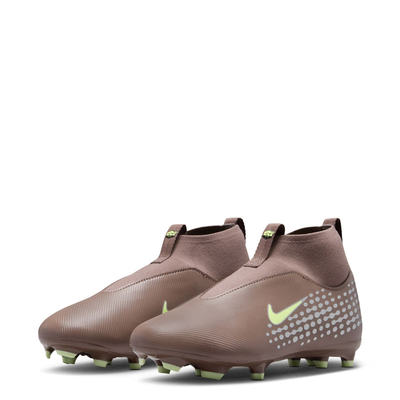 Pair of youth soccer cleats, plum ankle boots with dotted sides and green outsole studs