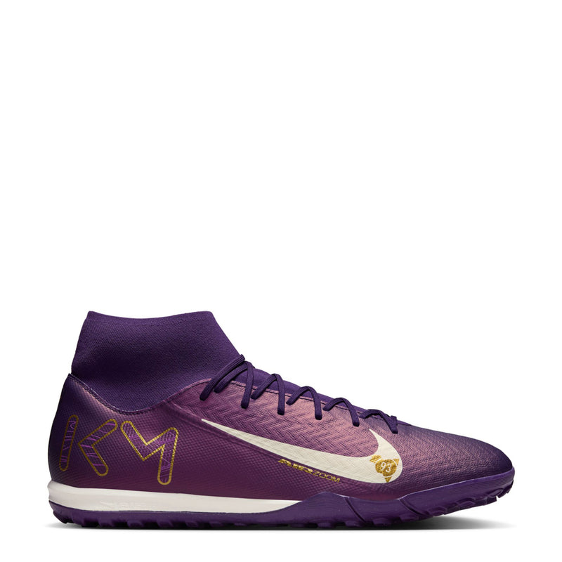 Men's purple TF football boot, lace-up high top, pale ivory swoosh and logo