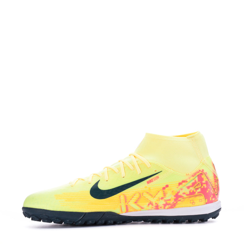 Men's turf soccer cleats, light yellow upper with black swoosh and red side panel
