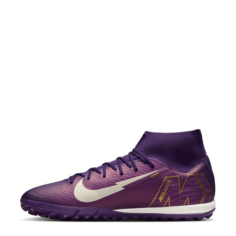 Men's purple TF football boot, high collar, lace-up, pale ivory swoosh