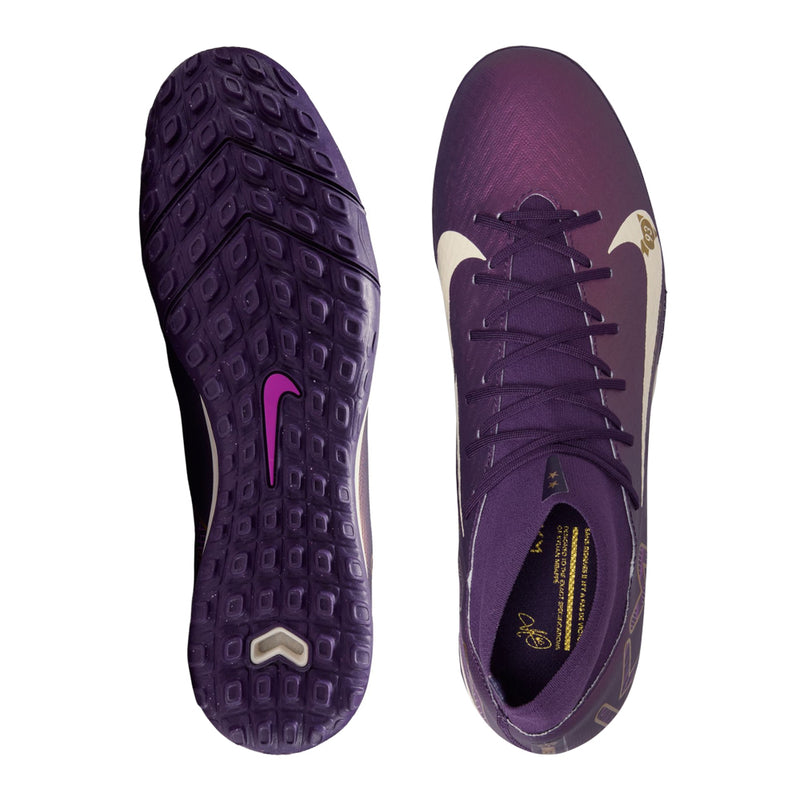 Men's purple TF football boots, treaded rubber outsole and lace-up uppers