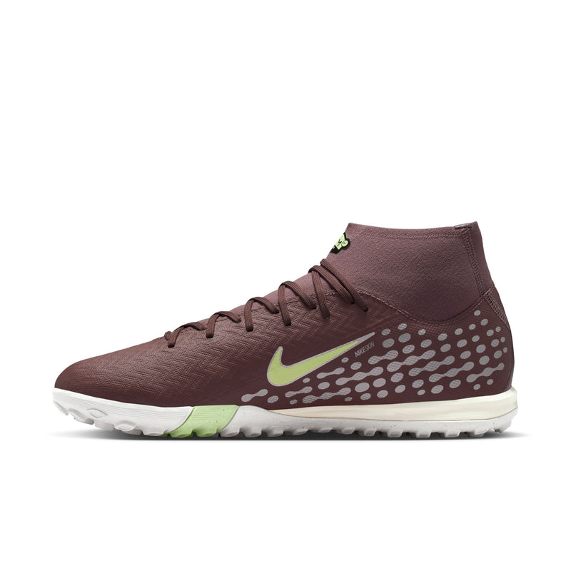 Men's plum midsole soccer cleat with neon green swoosh and dot pattern on side.