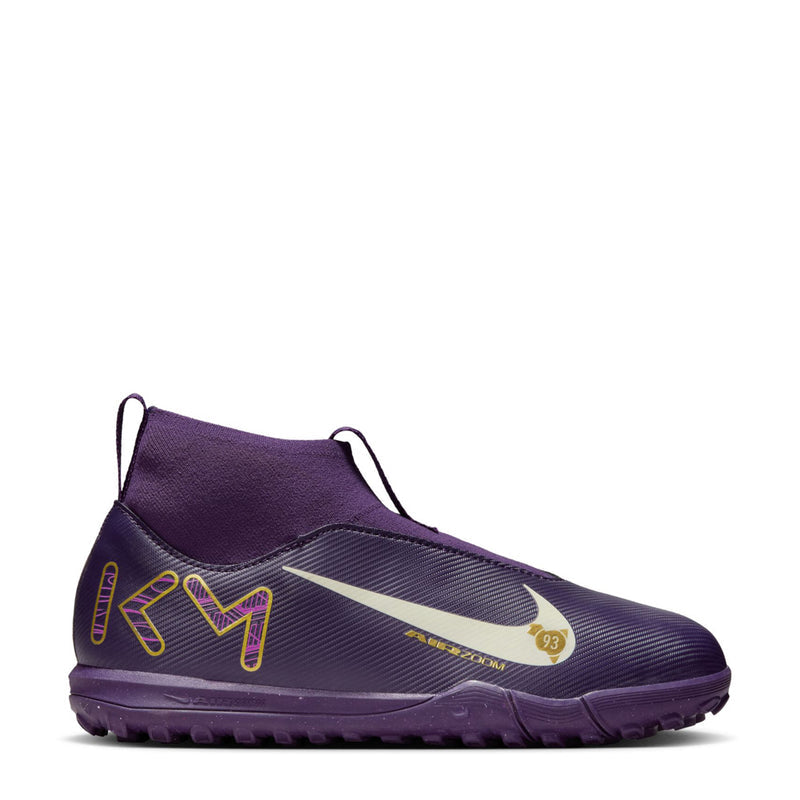 Youth purple TF soccer cleat, white swoosh and gold detailing, turf outsole studs.