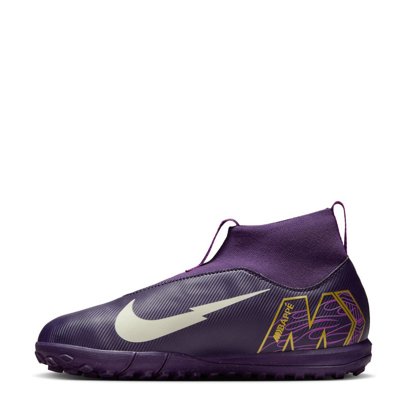 Youth purple TF soccer cleat, ankle collar, white swoosh and gold side graphics, studs.