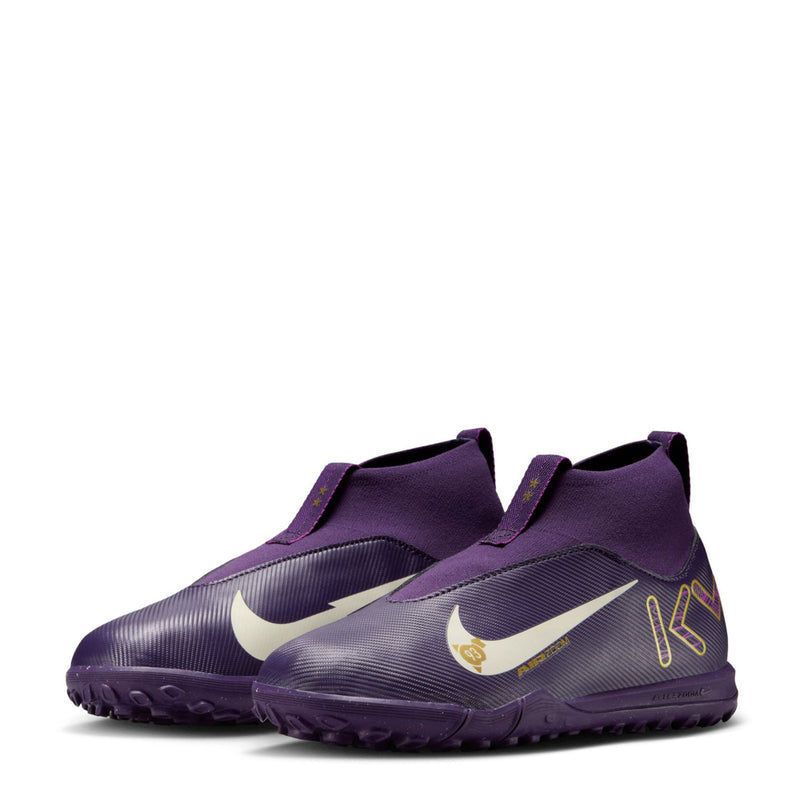 Pair of youth purple TF soccer cleats with white swooshes and gold accents, turf studs.