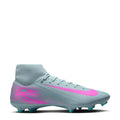 Light blue and pink men’s mid-top soccer cleat with teal outsole studs