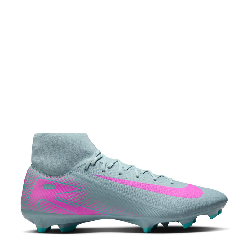 Light blue and pink men’s mid-top soccer cleat with teal outsole studs