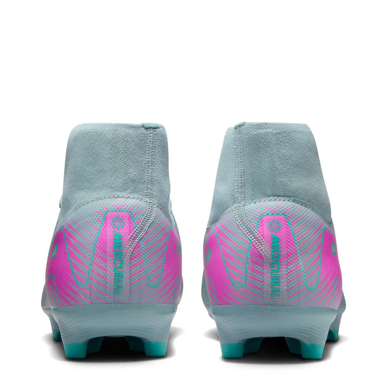 Back view of light blue men’s soccer cleats with pink heel graphics and teal studs