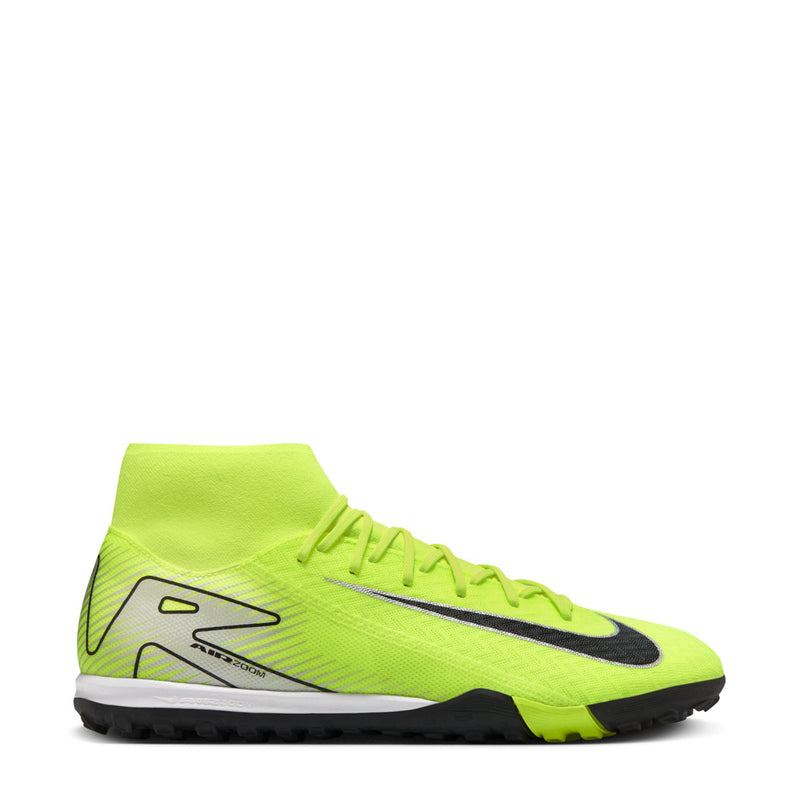 Neon green Nike Mercurial turf soccer cleat with black Swoosh and studded outsole