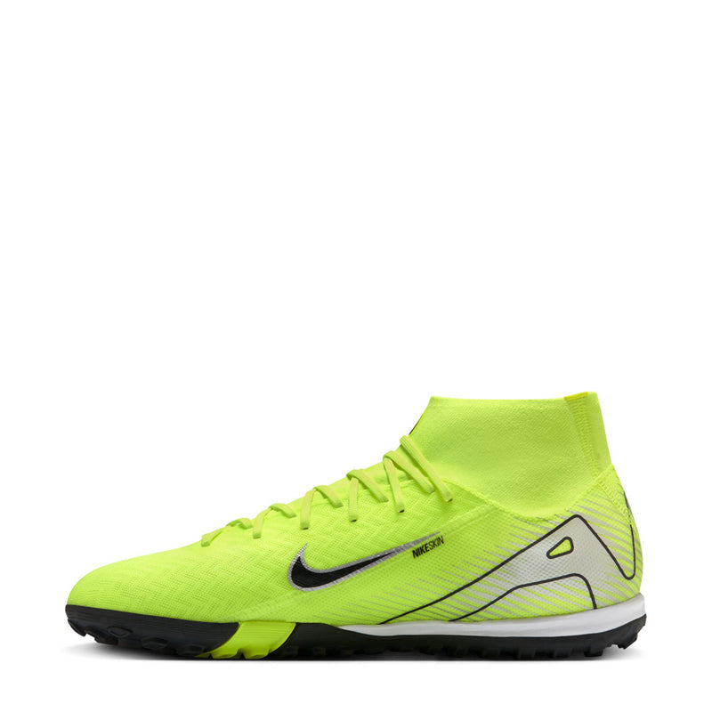 Neon green mid-cut turf soccer cleat with black Swoosh and low-profile studs