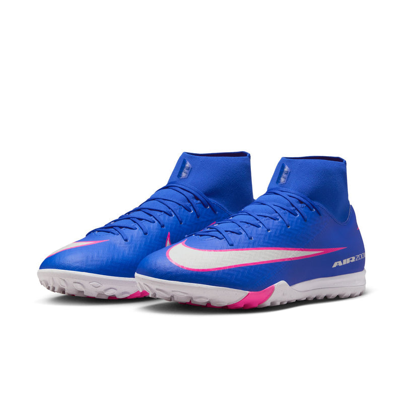 Men's blue high-top TF soccer cleats with pink-and-white swoosh and lace-up closure
