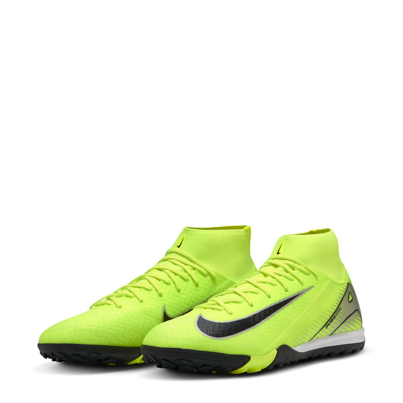 Pair of neon green Nike Mercurial turf soccer cleats with black Swoosh detailing