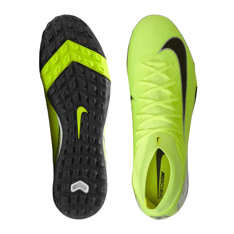 Turf soccer cleat outsoles: neon green top layer with black textured tread