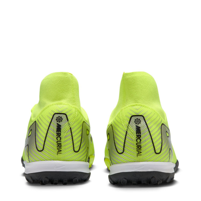 Back view pair of neon green Nike Mercurial turf soccer cleats with black heel logos