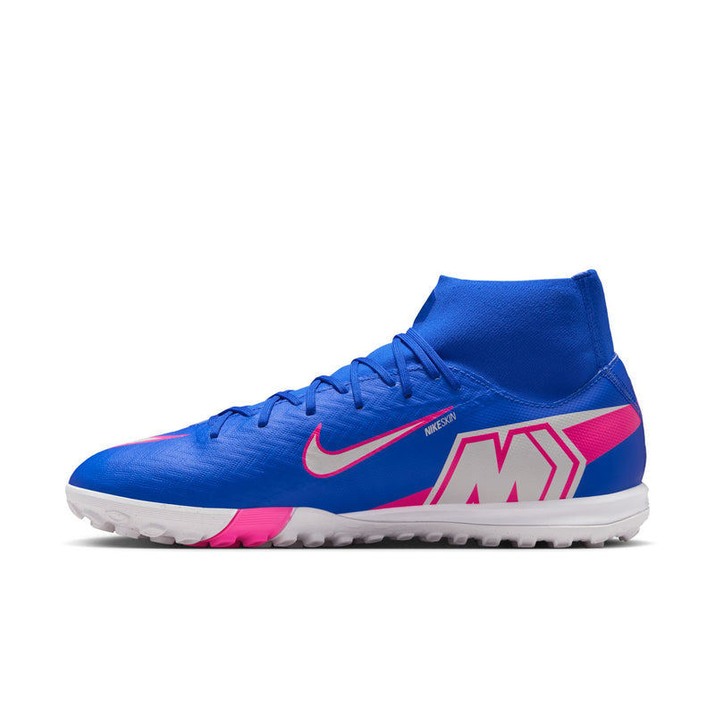 Men's blue high-top TF soccer cleats with pink swoosh and large graphic side panel