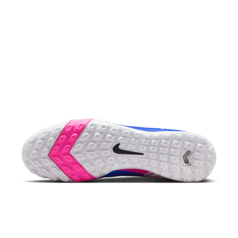 Blue and pink TF soccer cleats with white outsole featuring molded traction studs