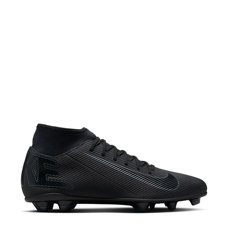 Black high-top soccer cleat with teal logo and firm-ground rubber studs