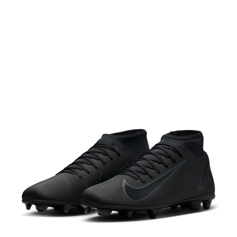Men's black football cleats with teal swoosh and firm-ground studs