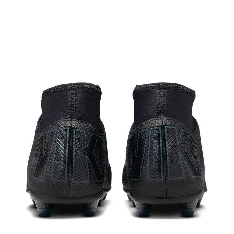 Black soccer cleats with teal heel accents and rear firm-ground stud pods