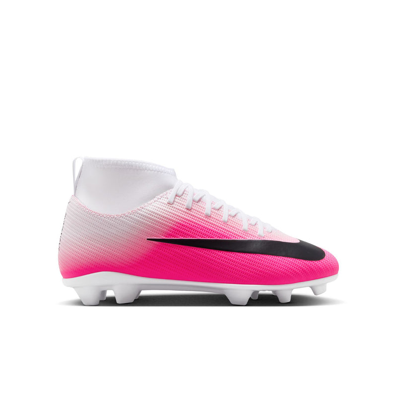 Youth soccer cleat with pink upper, black logo, and white outsole studs