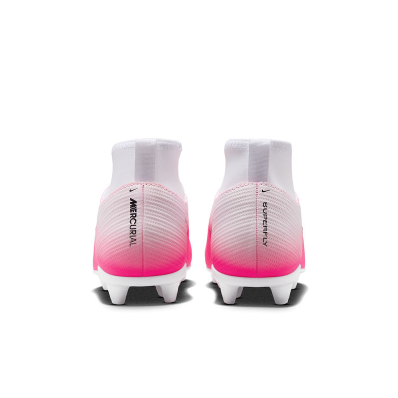 Youth soccer cleats heel view with white lining, pink details, and black outsole studs