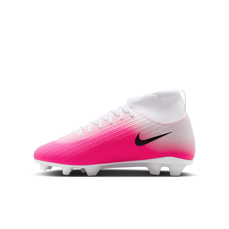 Youth soccer cleat in pink with white collar and black logo, front side view