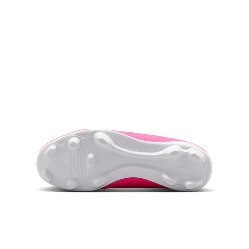 Youth soccer cleat outsole view with white base and pink sidewall