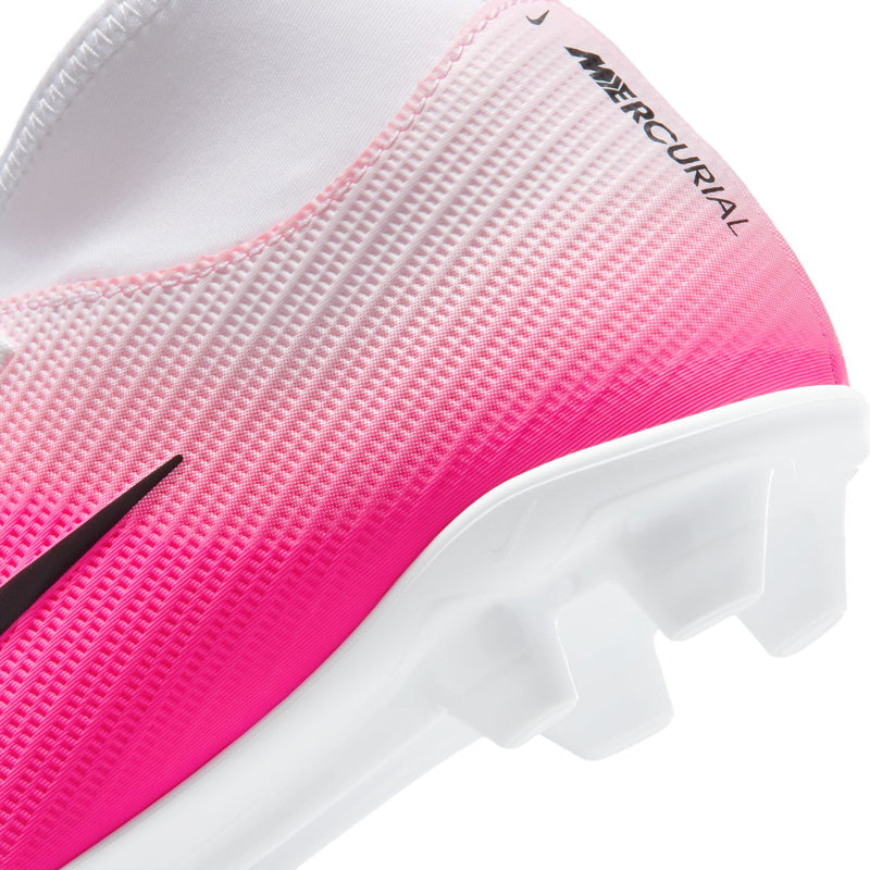 Close-up youth cleat side showing Mercurial text, pink mesh upper, and white sole