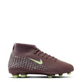 Youth mid-cut soccer cleat in plum with neon green swoosh and studded outsole