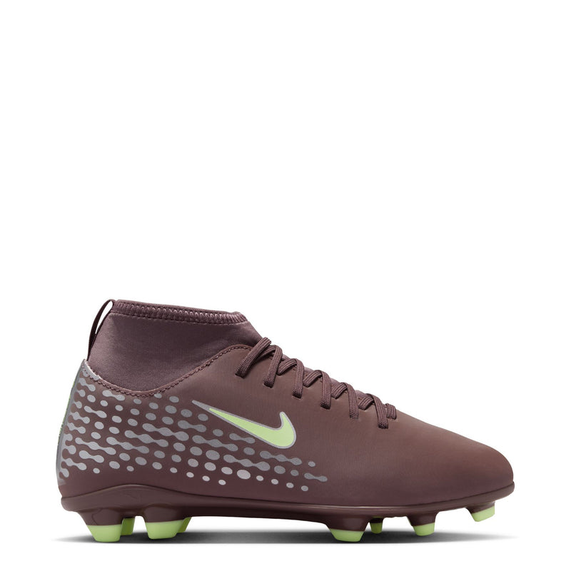 Youth mid-cut soccer cleat in plum with neon green swoosh and studded outsole